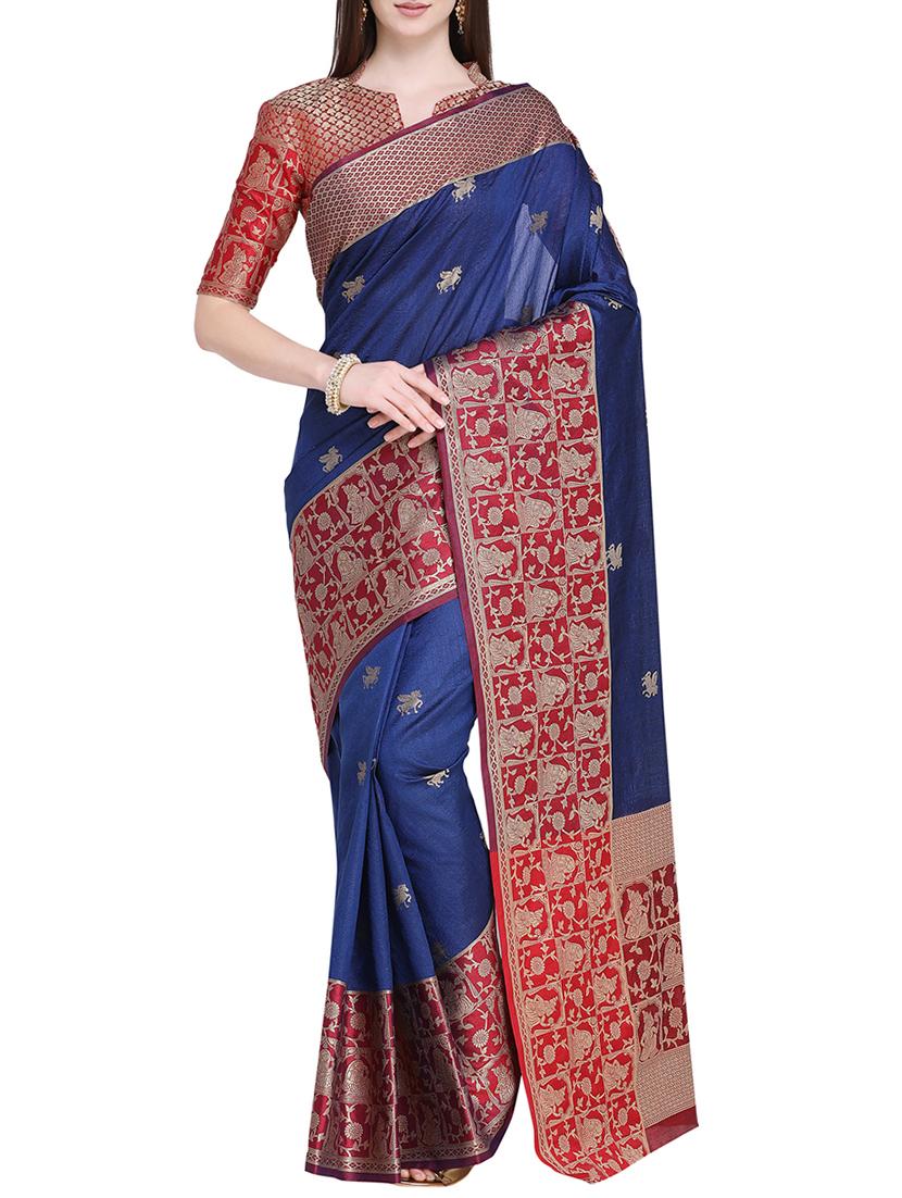 contrast zari border banarasi saree with blouse - 15710573 - Zoom Image - 1
