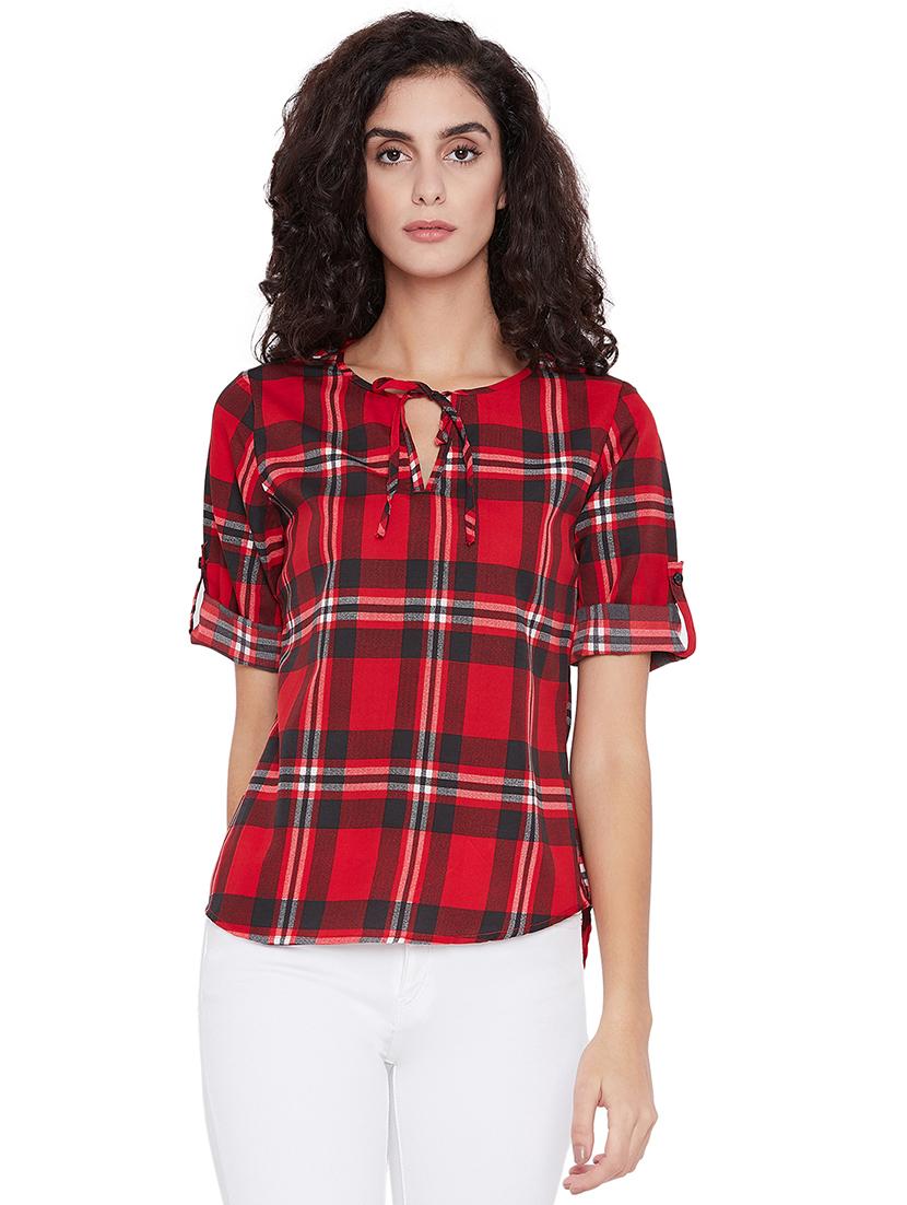 tie-up neck checkered top - 15711193 - Zoom Image - 1