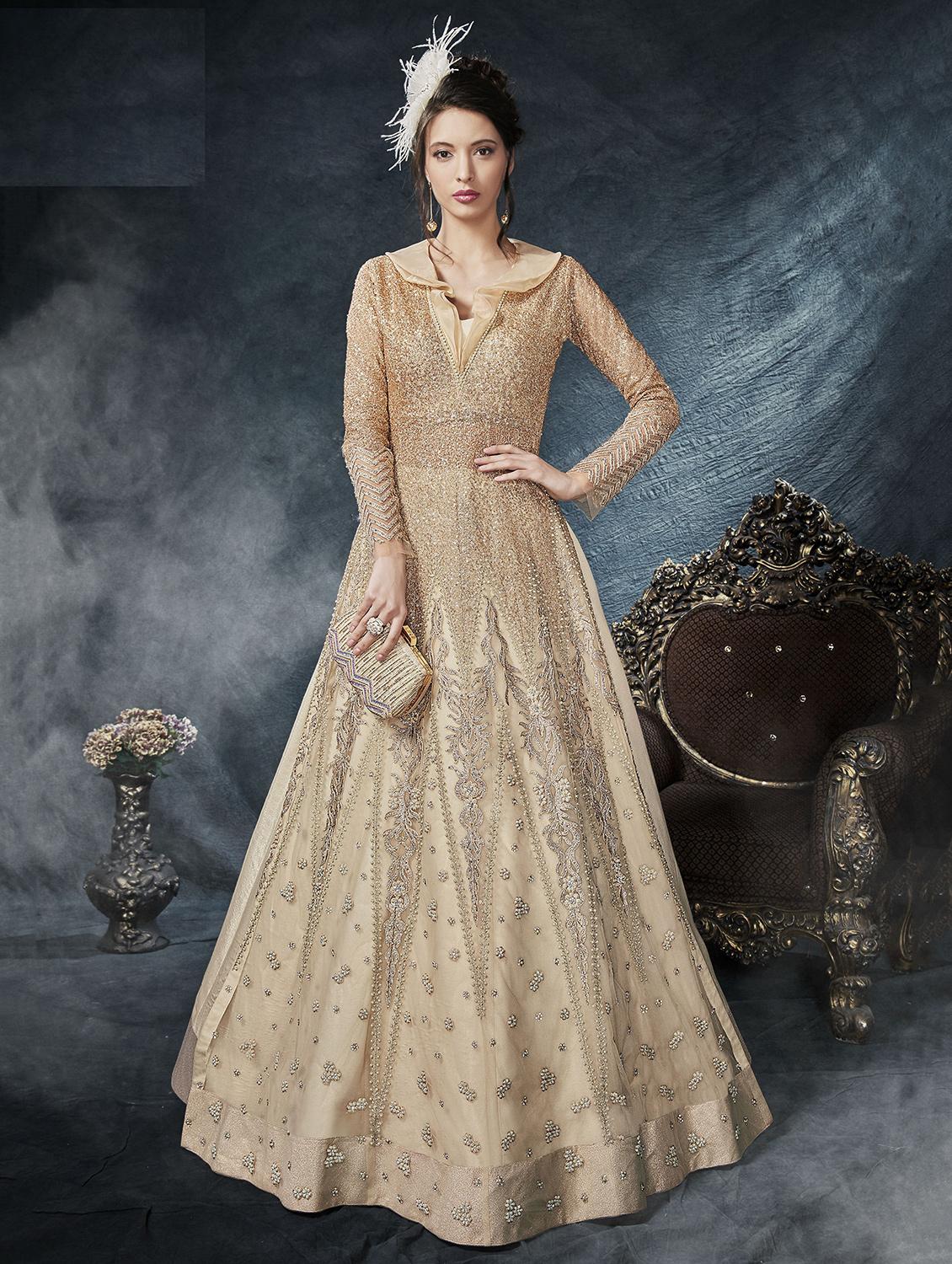 Embroidered ruffled neck anarkali suit - 15720473 - Zoom Image - 1