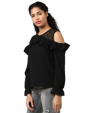 lace yoke cold shoulder frilled top - 15721230 - Standard Image - 2