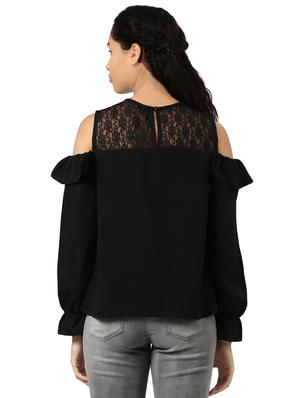 lace yoke cold shoulder frilled top - 15721230 - Standard Image - 3