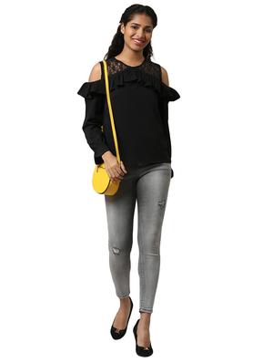 lace yoke cold shoulder frilled top - 15721230 - Standard Image - 4