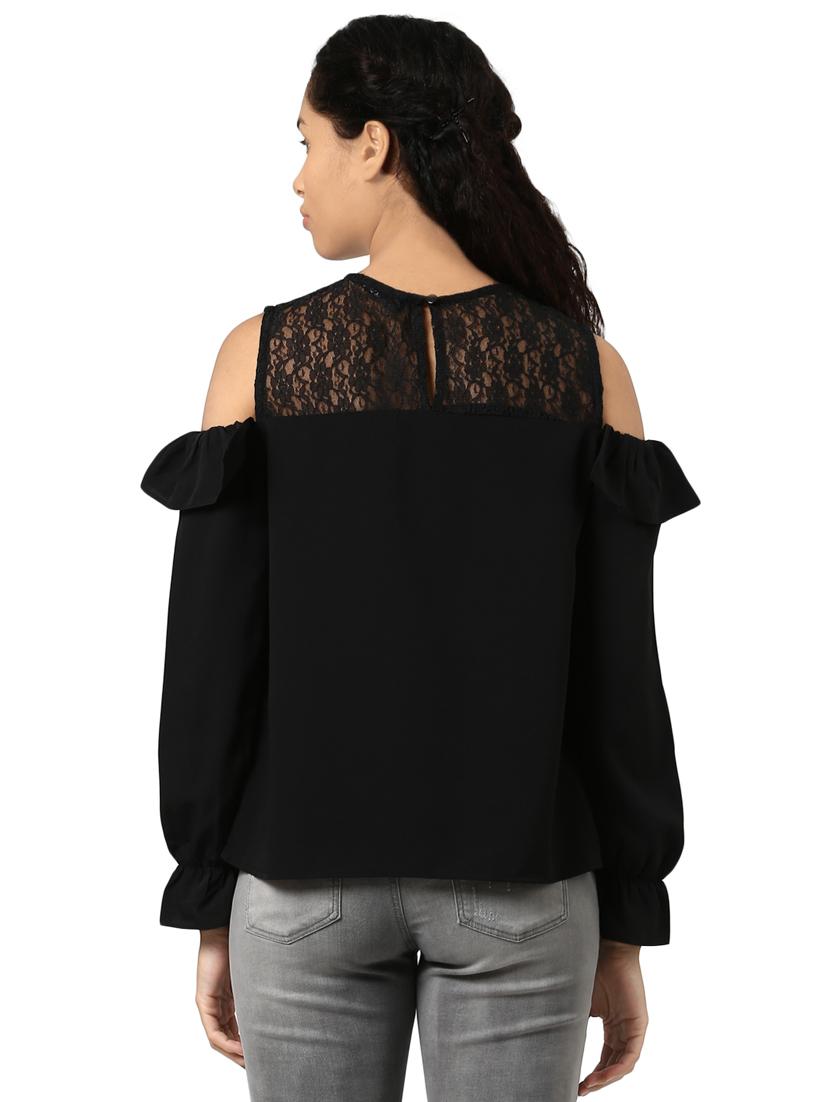 lace yoke cold shoulder frilled top - 15721230 - Zoom Image - 3