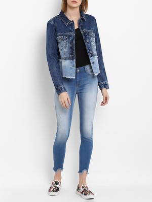 frayed hem button up denim jacket - 15721912 - Standard Image - 4