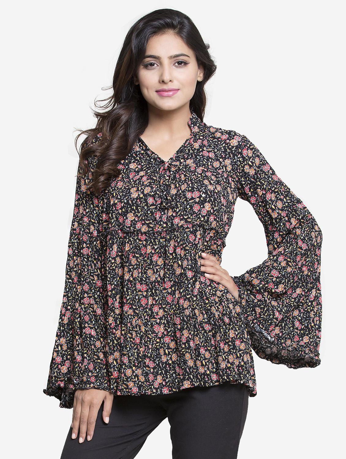 frill trim bell sleeved top - 15724580 - Zoom Image - 1