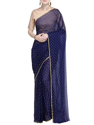 embellished navy blue saree with blouse - 15724729 - Very Small Image - 1