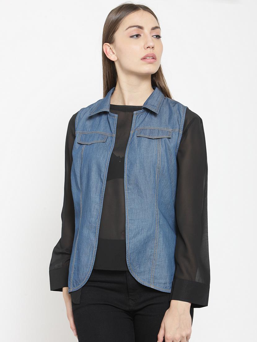 pocket flap sleeveless denim shrug - 15725285 - Zoom Image - 1