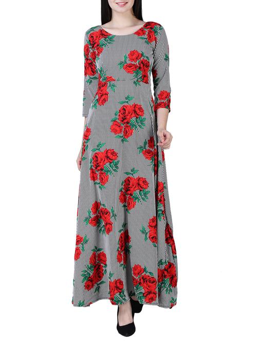 round neck striped floral maxi dress - 15726106 - Standard Image - 1