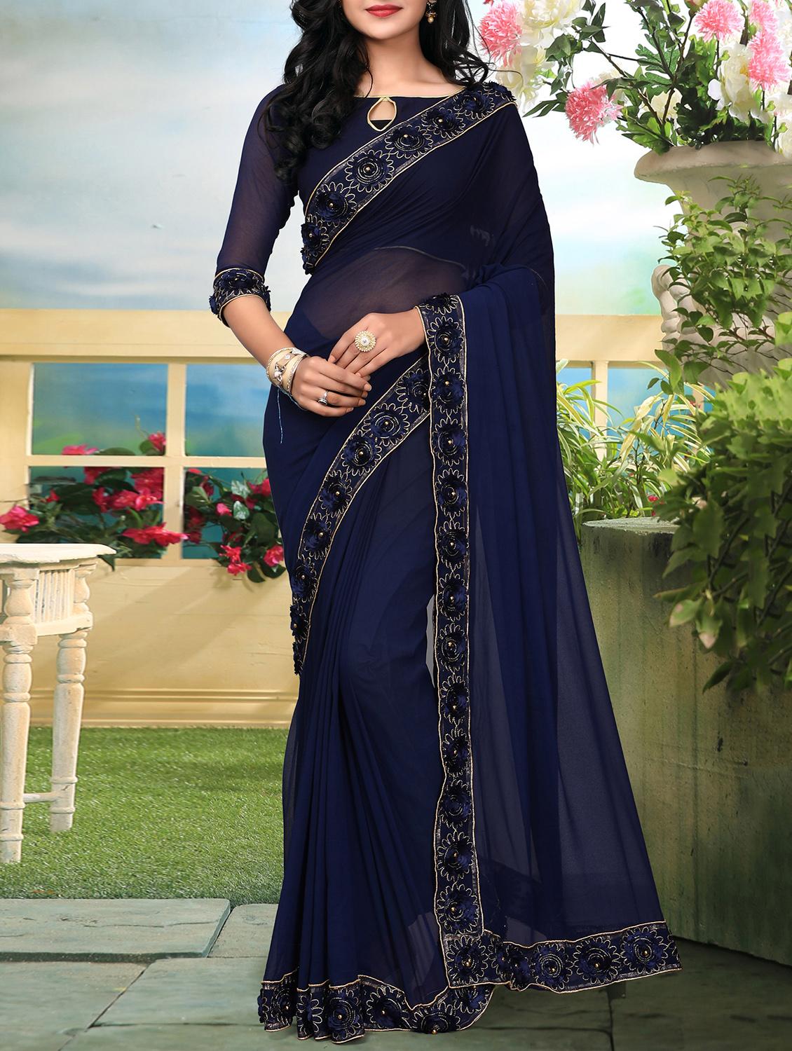 floral embellished lace border saree with blouse - 15726378 - Zoom Image - 1