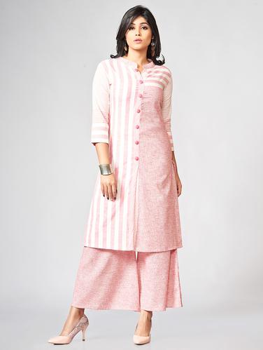 Stripes front open kurta palazzo set - 15726541 - Very Small Image - 1