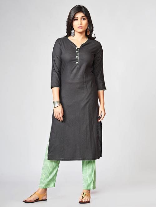 Solid kurta with stripes pant set - 15726544 - Standard Image - 1