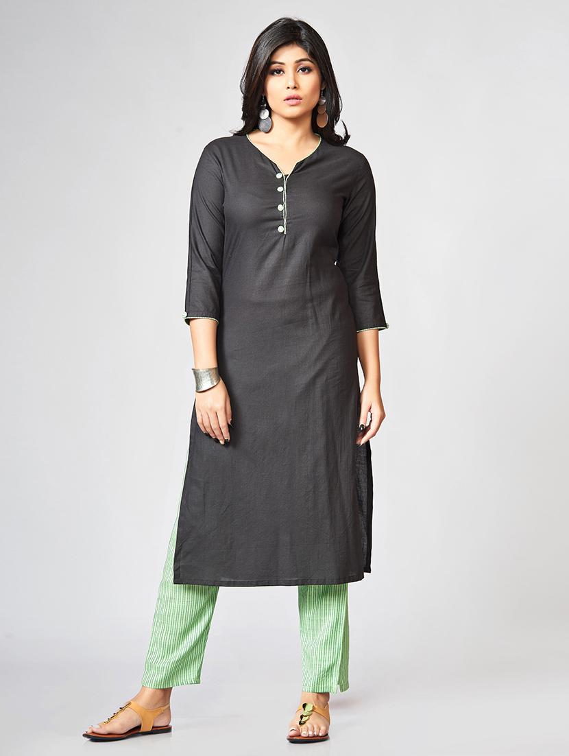 Solid kurta with stripes pant set - 15726544 - Zoom Image - 1