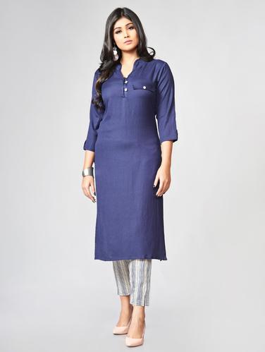 Solid kurta with stripes pant set - 15726546 - Very Small Image - 1