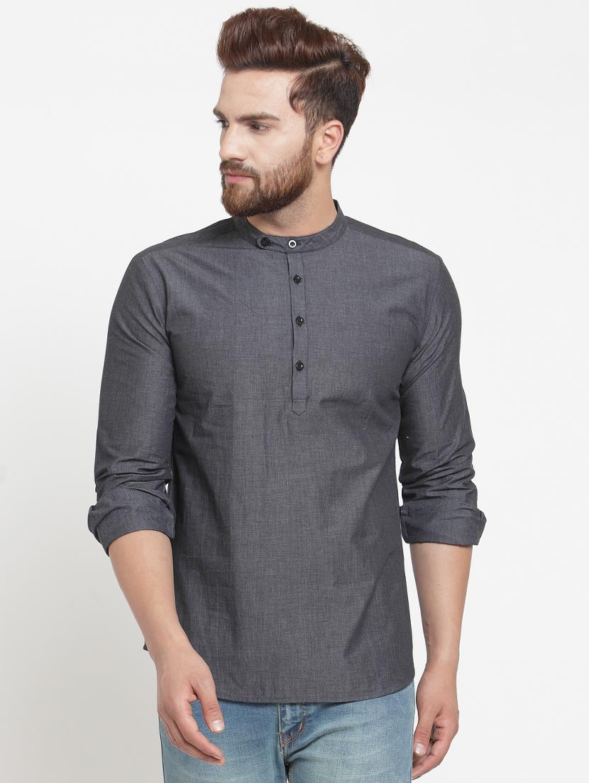 grey solid short kurta - 15726554 - Zoom Image - 1