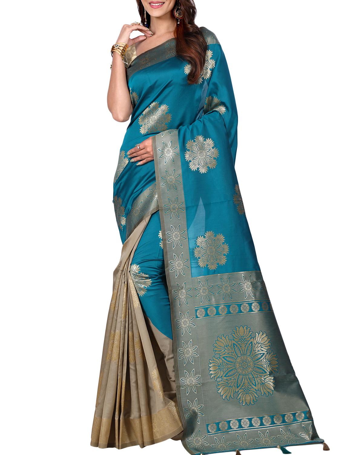 half & half zari banarasi saree with blouse - 15726705 - Zoom Image - 1