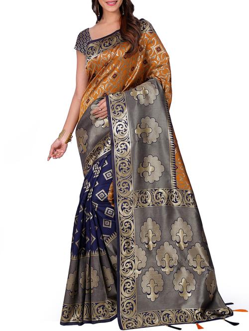 half & half zari banarasi saree with blouse - 15726706 - Standard Image - 1