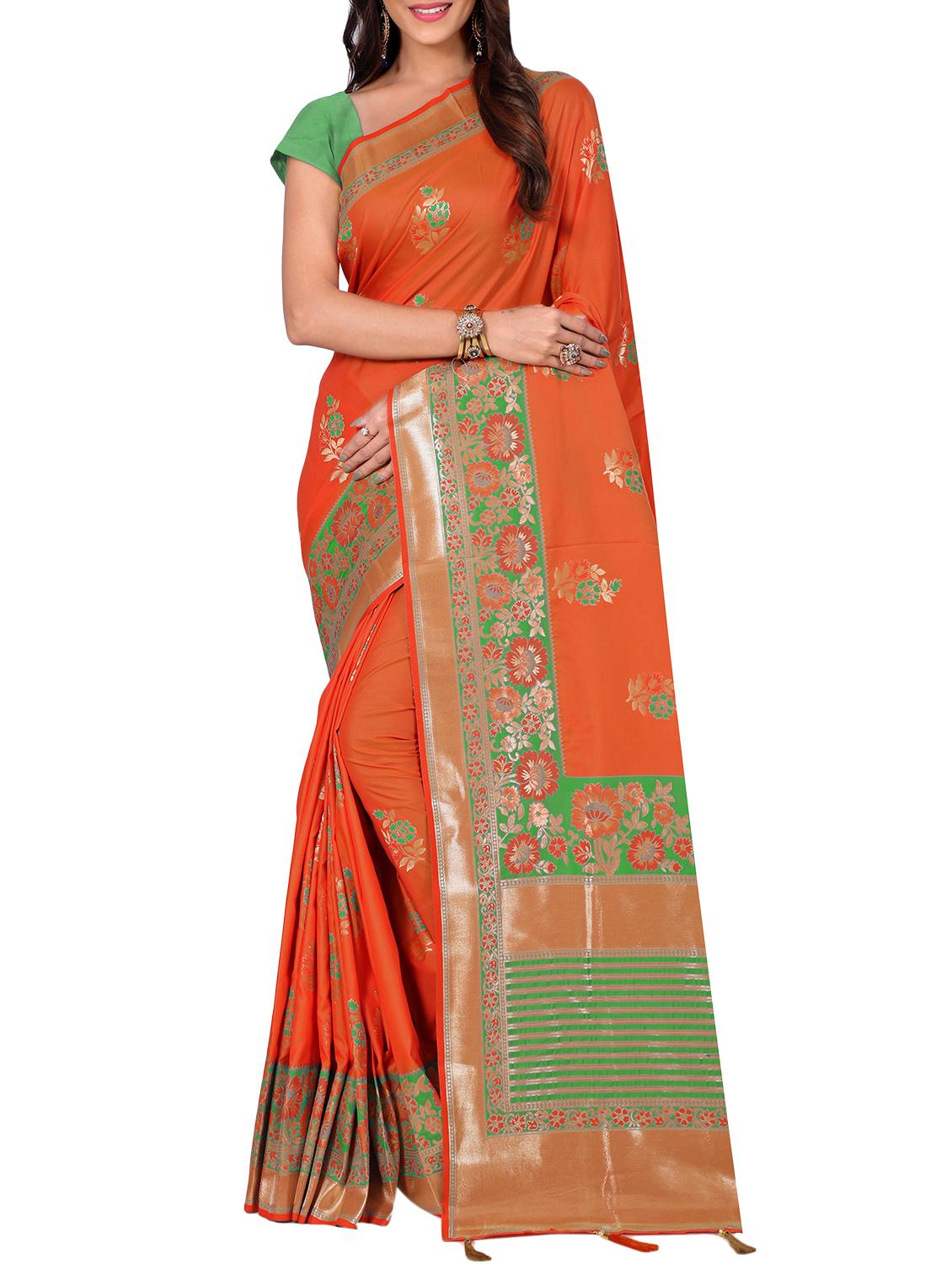 floral zari motif banarasi saree with blouse - 15726744 - Zoom Image - 1