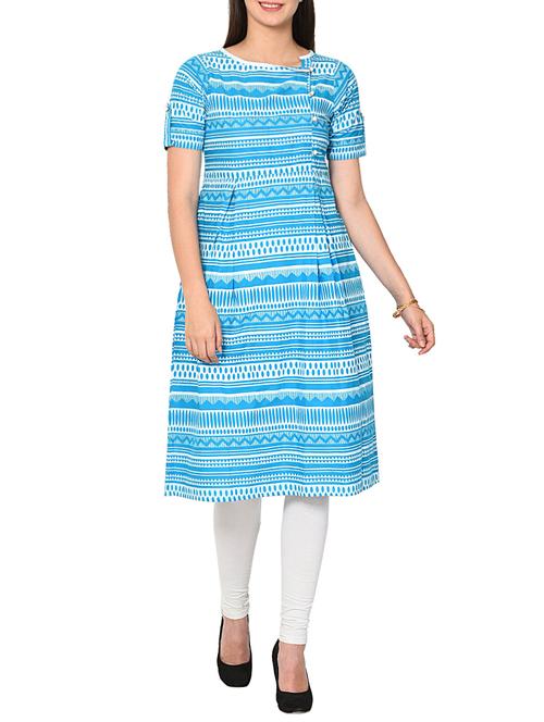 Turquoise A-line printed kurta - 15727321 - Standard Image - 1