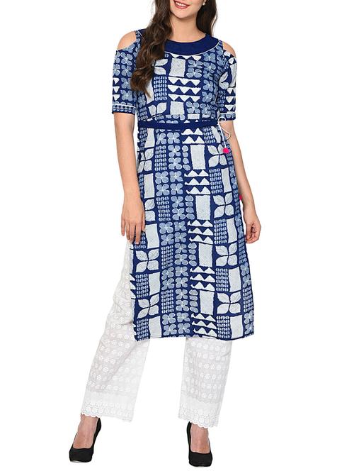 Indigo cold shoulder straight kurta - 15727413 - Standard Image - 1