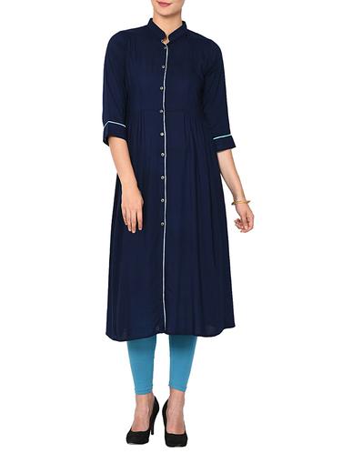 A-line solid piping kurta - 15727423 - Very Small Image - 1