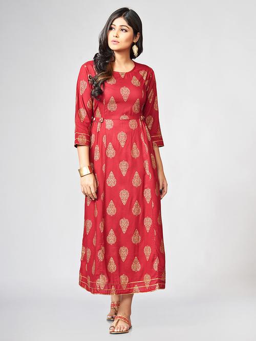 Foil print a-line ethnic dress - 15727819 - Standard Image - 1