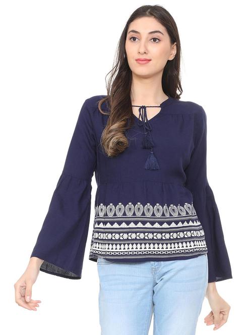 tassel tie up bell sleeved top - 15728391 - Standard Image - 1