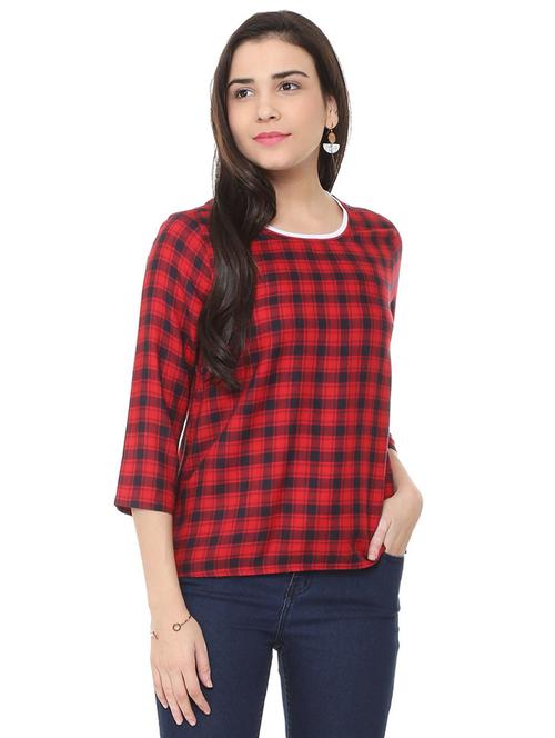 round neck checkered top - 15728395 - Standard Image - 1
