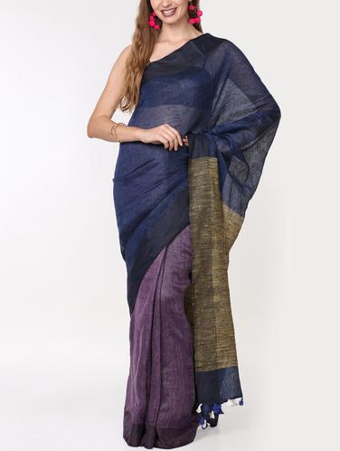 color block linen handloom saree with blouse - 15728562 - Very Small Image - 1