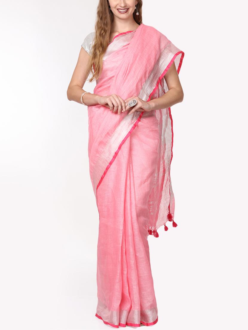 contrast border inen handloom saree with blouse - 15728564 - Zoom Image - 1