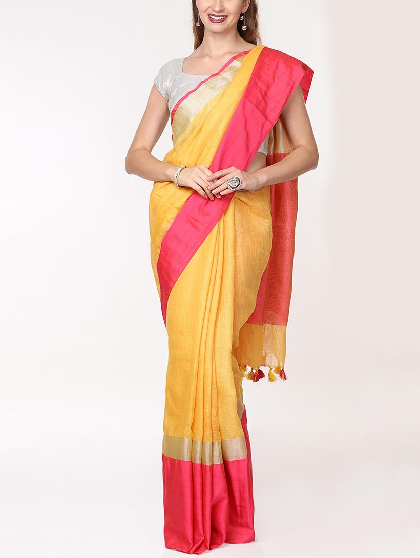 contrast border inen handloom saree with blouse - 15728565 - Zoom Image - 1