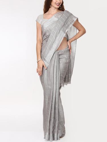 checkered linen handloom saree with blouse - 15728568 - Very Small Image - 1