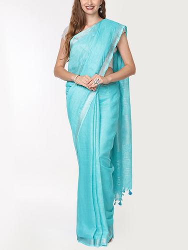 sky blue linen handloom saree with blouse - 15728570 - Very Small Image - 1