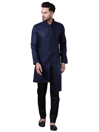 navy blue cotton asymmetric kurta pyjama set - 15729224 - Very Small Image - 1