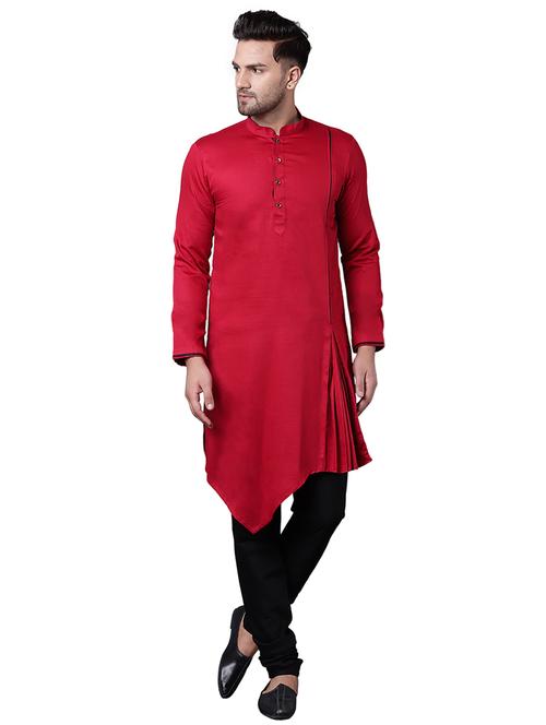red cotton asymmetric kurta pyjama set - 15729234 - Standard Image - 1