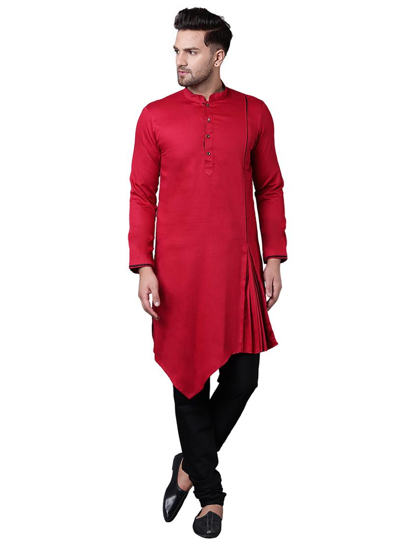 red cotton asymmetric kurta pyjama set - 15729234 - Zoom Image - 1