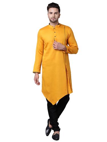 yellow cotton asymmetric kurta pyjama set - 15729235 - Very Small Image - 1
