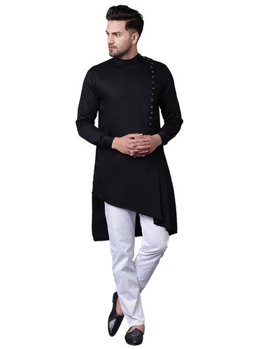 black cotton asymmetric kurta pyjama set - 15729237 - Very Small Image - 1