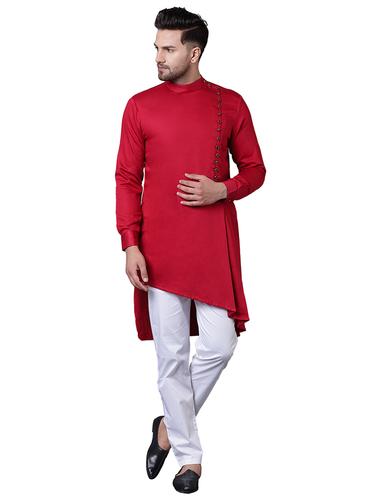 red cotton asymmetric kurta pyjama set - 15729238 - Very Small Image - 1