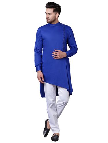 blue cotton asymmetric kurta pyjama set - 15729239 - Very Small Image - 1