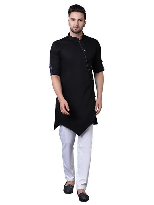 black cotton asymmetric kurta pyjama set - 15729240 - Standard Image - 1