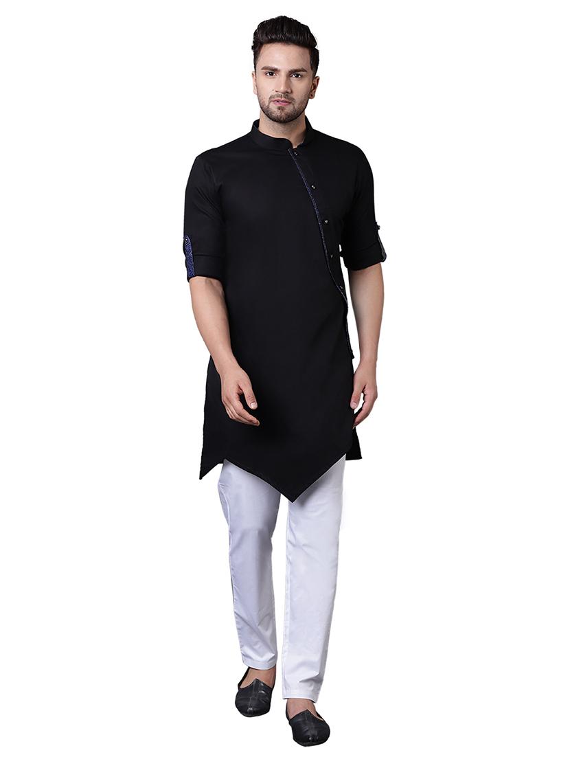 black cotton asymmetric kurta pyjama set - 15729240 - Zoom Image - 1
