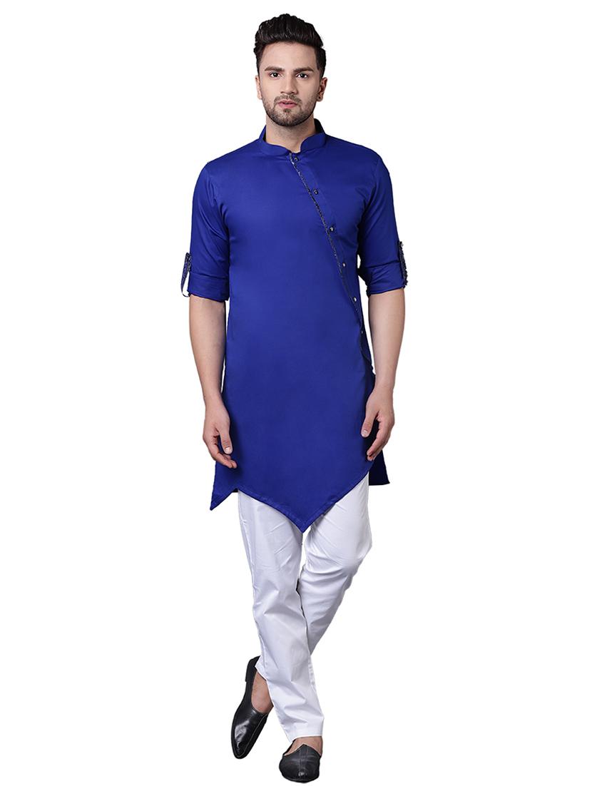 blue cotton asymmetric kurta pyjama set - 15729241 - Zoom Image - 1