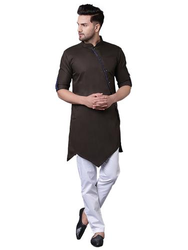 brown cotton asymmetric kurta pyjama set - 15729242 - Very Small Image - 1