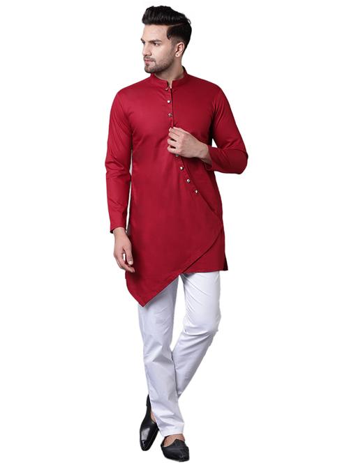 red cotton asymmetric kurta pyjama set - 15729244 - Standard Image - 1