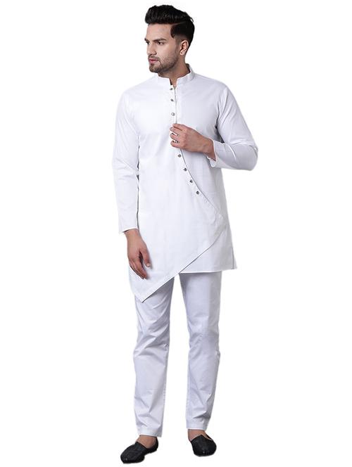 white cotton asymmetric kurta pyjama set - 15729245 - Standard Image - 1