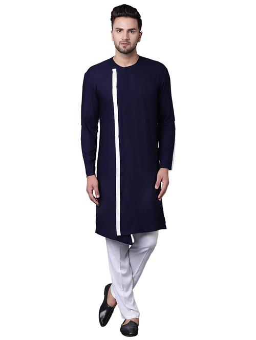 navy blue rayon kurta pyjama set - 15729263 - Standard Image - 1