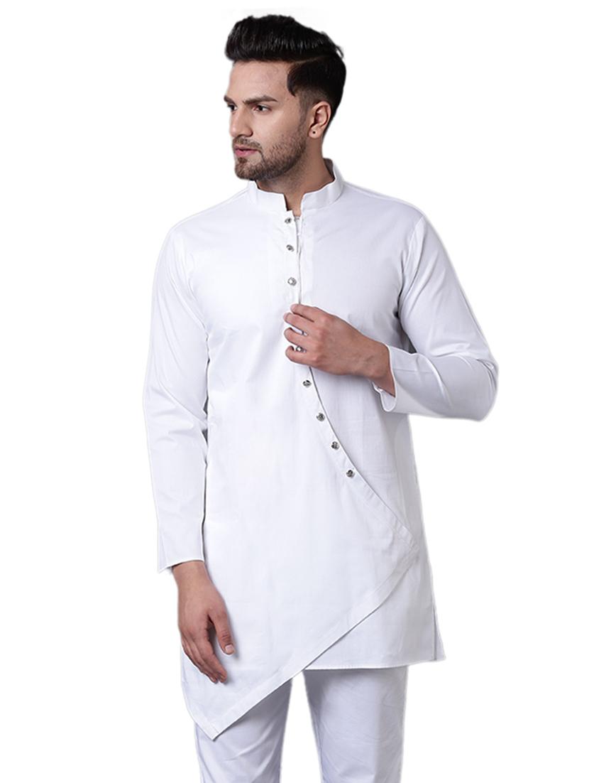 white cotton asymmetric kurta - 15729290 - Zoom Image - 1