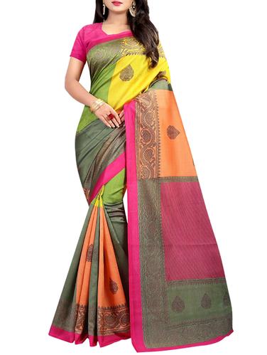 color block printed saree with blouse - 15729406 - Very Small Image - 1