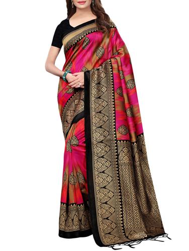 contrast border printed saree with blouse - 15729586 - Very Small Image - 1