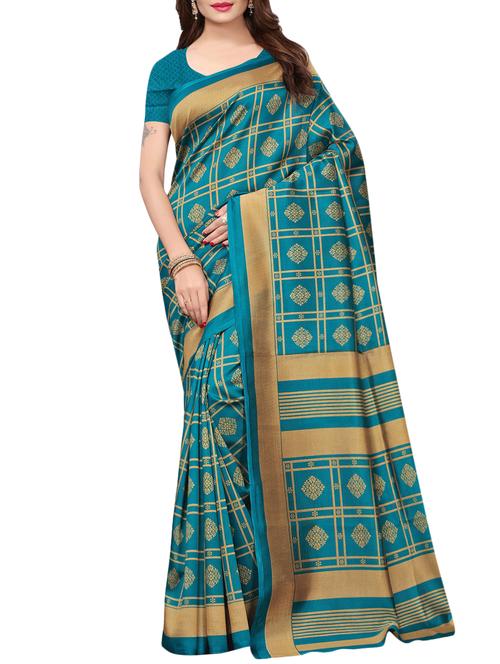 floral turquoise printed saree with blouse - 15729611 - Standard Image - 1